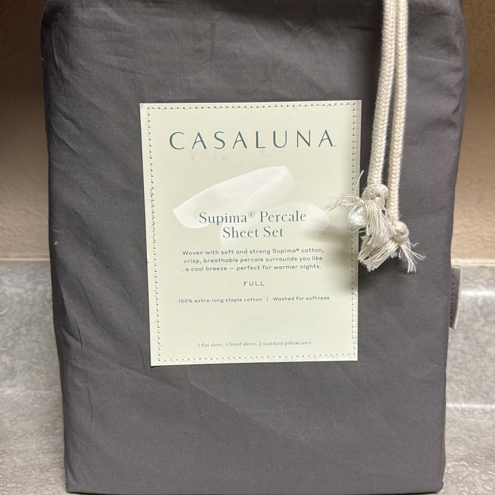 Casaluna-Full Washed Supima Percale Solid Sheet Set in Dark Gray